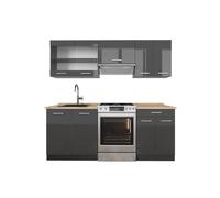 Vicco Cucina componibile R-Line, Antracite lucido/antracite, 200 cm | 5 Moduli · Piedini regolabili in altezza · Piano di lavoro in nte robuste · Con mobile vetrina
