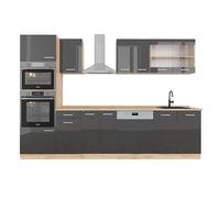 Vicco cucina componibile R-line, Antracite lucido/oro power oak, 300 cm con armadio alto, senza piano di lavoro