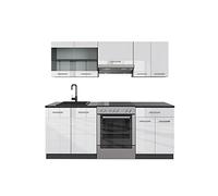 Vicco Cucina componibile R-Line, Bianco lucido/antracite, 200 cm | 5 Moduli · Piedini regolabili in altezza · Senza piano di lavoro · Ante robuste · Con mobile vetrina
