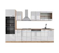 Vicco cucina componibile R-line, Bianco lucido/oro power oak, 300 cm con armadio alto, senza piano di lavoro