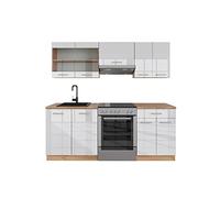 Vicco Cucina componibile R-Line, Bianco lucido/Rovere, 200 cm | 5 Moduli · Piedini regolabili in altezza · Senza piano di lavoro · Ante robuste · Con mobile vetrina