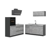 Vicco Cucina componibile "R-Line", Calcestruzzo/Antracite 160 cm | 6 Moduli · Piedini regolabili in altezza · Piano di lavoro in nte robuste · Con armadio per forno