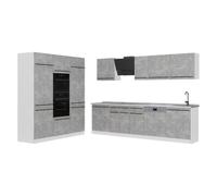 Vicco Cucina componibile R-Line, Calcestruzzo/Bianco 180 cm | 12 Moduli · Piedini regolabili in altezza · Senza piano di lavoro · Ante robuste · Con armadio forno/microonde