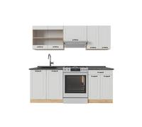 Vicco Cucina componibile R-Line Casa di campagna bianca/Rovere 200 cm | 5 Moduli · Piedini regolabili in altezza · Piano di lavoro in nte in MDF · Con mobile vetrina