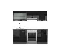 Vicco Cucina componibile R-Line, Nero lucido/antracite, 200 cm | 5 Moduli · Piedini regolabili in altezza · Senza piano di lavoro · Ante robuste · Con mobile vetrina