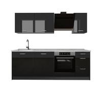 Vicco Cucina componibile "R-Line", Nero lucido/Antracite 220 cm | 7 Moduli · Piedini regolabili in altezza · Piano di lavoro in nte robuste · Con pannello per lavastoviglie
