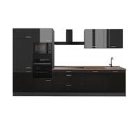 Vicco Cucina componibile "R-Line", Nero lucido/Antracite 340 cm | 7 Moduli · Piedini regolabili in altezza · Piano di lavoro in nte robuste · Con armadio forno/microonde