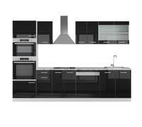 Vicco cucina componibile R-line, Nero lucido/Bianco, 300 cm con armadio alto, PL Marmo
