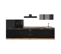 Vicco Cucina componibile "R-Line", Nero lucido/Rovere dorato 340 cm | 6 Moduli · Piedini regolabili in altezza · Piano di lavoro in nte robuste · Con armadio per forno