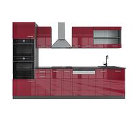 Vicco Cucina componibile R-Line, Rosso lucido, 300 cm | 8 Moduli · Piedini regolabili in altezza · Senza piano di lavoro · Ante robuste · Con armadio forno/microonde