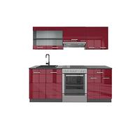 Vicco Cucina componibile R-Line, Rosso lucido/antracite, 200 cm | 5 Moduli · Piedini regolabili in altezza · Piano di lavoro in nte robuste · Con mobile vetrina