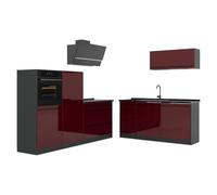 Vicco Cucina componibile "R-Line", Rosso lucido/Antracite 220 cm | 7 Moduli · Piedini regolabili in altezza · Piano di lavoro in nte robuste · Con armadio per forno
