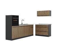 Vicco Cucina componibile "R-Line", Rovere artigianale/Antracite 220 cm | 6 Moduli · Piedini regolabili in altezza · Piano di lavoro in nte robuste · Con armadio per forno
