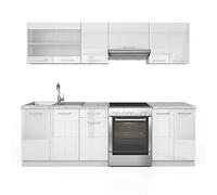 Vicco Cucina componibile Raul, Bianco lucido/bianco, 240 cm, PL Marmo, combinabile in modo flessibile con elementi modulari