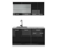 Vicco cucina monoblocco R-line, Nero lucido/Bianco, 140 cm, PL Marmo