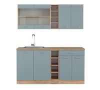 Vicco Cucina monoblocco R-Line, Rovere blu-grigio/oro, 160 cm | 6 Moduli · Piedini regolabili in altezza · Senza piano di lavoro · Ante robuste · Con ripiani aperti