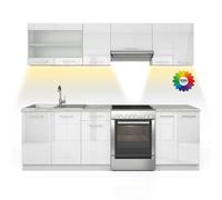 Vicco Mobile da cucina Raul, Bianco lucido/bianco, 240 cm, PL Marmo con striscia LED, combinabile in modo flessibile con elementi modulari