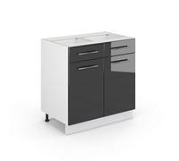 Vicco Mobiletto base per cucina Fame-Line, Antracite lucido, 80 cm | Frontale in MDF · Senza piano di lavoro · Piedini regolabili in altezza · Maniglie in metallo · Chiusura ammortizzata