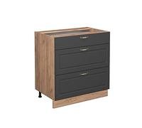 Vicco mobiletto base per cucina Fame-Line, Antracite-oro/Quercia dorata, 80 cm con 3 cassetti, senza piano di lavoro