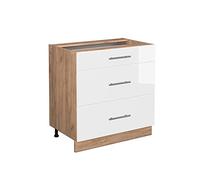 Vicco mobiletto base per cucina Fame-Line, Bianco lucido/Quercia dorata, 80 cm con 3 cassetti, senza piano di lavoro