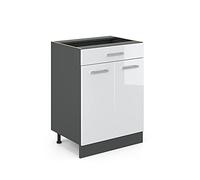 Vicco mobiletto base per cucina R-line, Bianco lucido/Antracite, 60 cm con cassetto, senza piano di lavoro