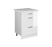 Vicco mobiletto base per cucina R-line, Bianco lucido/Bianco, 60 cm con cassetti PL Marmo