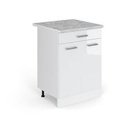 Vicco mobiletto base per cucina R-line, Bianco lucido/Bianco, 60 cm con cassetto PL Marmo
