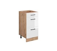 Vicco mobiletto base per cucina R-line, Bianco lucido/Quercia dorata, 40 cm con cassetti, senza piano di lavoro