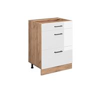 Vicco mobiletto base per cucina R-line, Bianco lucido/Quercia dorata, 60 cm con cassetti, senza piano di lavoro