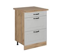 Vicco Mobiletto base per cucina R-Line, Bianco rustico, 60 cm con cassetti, PL Rovere, per la libera combinazione all'interno di sistemi cucina modulari