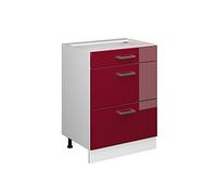 Vicco mobiletto base per cucina R-line, Rosso bordeaux lucido/Bianco, 60 cm con cassetti, senza piano di lavoro