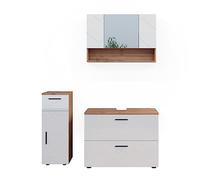 Vicco Set di mobili da bagno Irma, Bianco lucido/oro power oak, 3 parti, con cassettiera e mobile midi