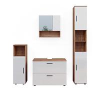 Vicco Set di mobili da bagno Irma, Bianco lucido/oro power oak, 80 cm, composto da mobile lavabo, pensile a specchio, colonna e base media