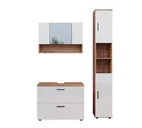 Vicco Set di mobili da bagno Irma, Bianco lucido/oro power oak, 80 cm, composto da mobile sottolavabo, specchiera e colonna alta