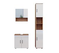 Vicco Set di mobili da bagno Irma, Bianco lucido/oro power oak, 80 cm, composto da mobile sottolavabo, specchiera e colonna alta