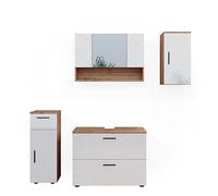 Vicco Set di mobili da bagno Irma, Bianco lucido/oro power oak, 80 cm, composto da mobile sottolavabo, specchiera, armadio medio e pensile