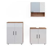 Vicco Set di mobili da bagno Irma, Bianco lucido/oro power oak, 80 cm, composto da mobile sottolavabo, specchiera e mobile medio