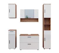 Vicco Set di mobili da bagno Irma, Bianco lucido/oro power oak, 80 cm, composto da mobile sottolavabo, specchiera, colonna, base media e pensile