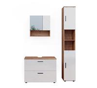 Vicco Set di mobili da bagno Irma, Rovere/Bianco lucido, 3 parti, con cassettiera e colonna