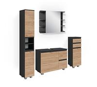 Vicco Set mobili bagno J-Shape, Grigio, 80 cm, composto da mobile lavabo, pensile a specchio, colonna e base media