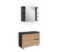 Vicco Set mobili bagno J-Shape, Grigio, 80 cm, composto da specchio da bagno e mobile sottolavabo