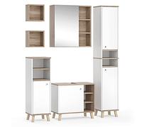 Vicco Set mobili bagno Senyo, Bianco 60 cm | 6 pezzi · Mobile sottolavabo · Armadietto a specchio · Mobile alto · Scaffale da bagno · 2x Mensola da parete