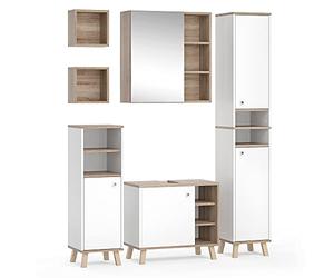 Vicco Set mobili bagno Senyo, Bianco, 62 cm, composto da armadietto a specchio, base lavabo, colonna, pensile e 2 mensole