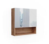 Vicco Specchio contenitore bagno Irma, Bianco lucido/oro power oak, 54 x 55 cm, per montaggio a parete con specchio e vani a giorno