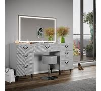 Vicco Tavolo da toeletta Anett, Grigio, 150 cm con specchio LED e sgabello, Cassetti per organizzare nel disordine
