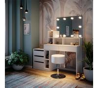 Vicco Tavolo da toeletta Anja, Bianco 139.8 cm | ✓ Specchio con catena luminosa LED · ✓ Sgabello · 5 cassetti · Da terra · con rialzo a ripiani