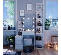 Vicco Tavolo da toeletta Conrada, Bianco, 80 cm | ✓ Specchio con catena luminosa LED · ✓ Sgabello · 4 cassetti · Da terra · Specchio estraibile