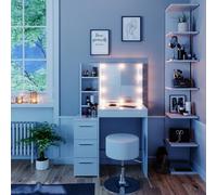 Vicco Tavolo da toeletta Meryl, Bianco, 80 cm | ✓ Specchio con catena luminosa LED · ✓ Sgabello · 4 cassetti · Da terra · Vani portaoggetti aperti