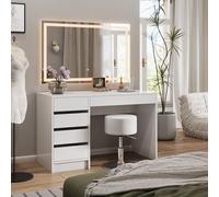 Vicco Tavolo da toeletta Sherry, Bianco, 120 cm | ✓ Specchio LED · ✓ Sgabello · 5 cassetti · Da terra · Look senza maniglie