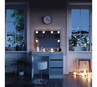 Vicco Tavolo da toeletta Sherry, Bianco, 90 cm | ✓ Specchio con catena luminosa LED · ✓ Sgabello · 4 cassetti · Da terra · Look senza maniglie